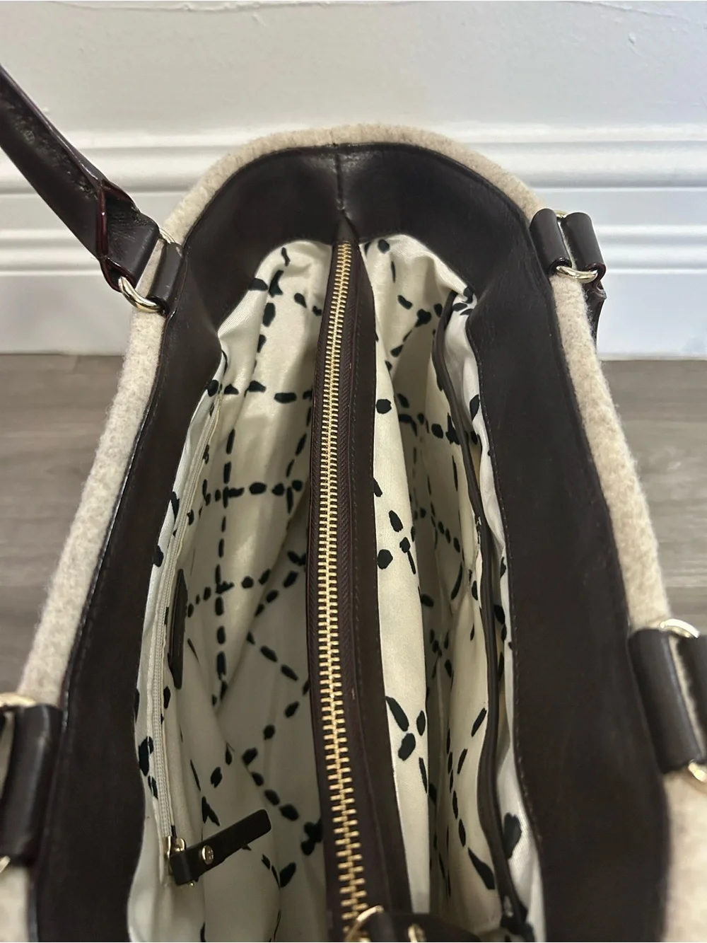 kate spade New York Wool Tote in Light Gray with Dark Brown Trim